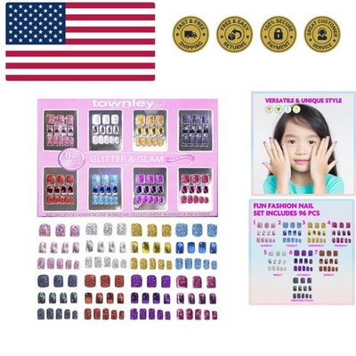 96 Pcs Glitter-Glamup & Metallic Press-On Nails Artificial Fake False Nails S...