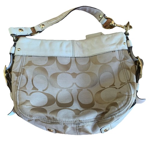 COACH SIGNATURE ZOE HOBO IVORY LARGE LEATHER CANVAS SIGNATURE SHOULDER BAG PURSE - Picture 5 of 8
