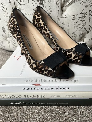 Manolo Blahnik Women's High Heel Leopard Print Peep Toe Pumps Size 42