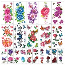 Flowers Temporary Tattoos Stickers, 10 Large Roses 1, Colorful Flower-561