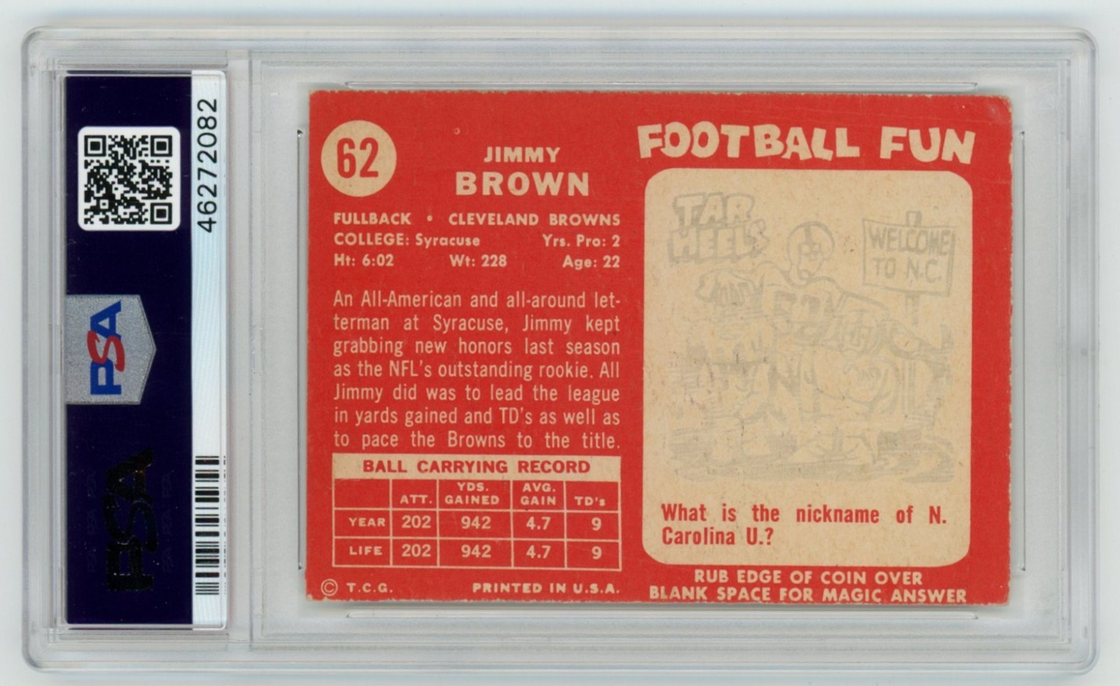PSA 2 1958 TOPPS #62 JIM BROWN RC Rookie Card Cleveland Browns view 2
