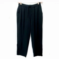 Chartou Black Linen Cotton Pants Elastic Waist  Pockets Size Large Lagenlook 