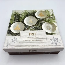 Pier 1 Imports Set of 4 Boxed Holiday Appetizer-Treat Christmas Tree Plates 6"