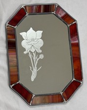 Vintage Leaded Stained Glass Etched Wall Mirror Window Panel 11x8 Petite