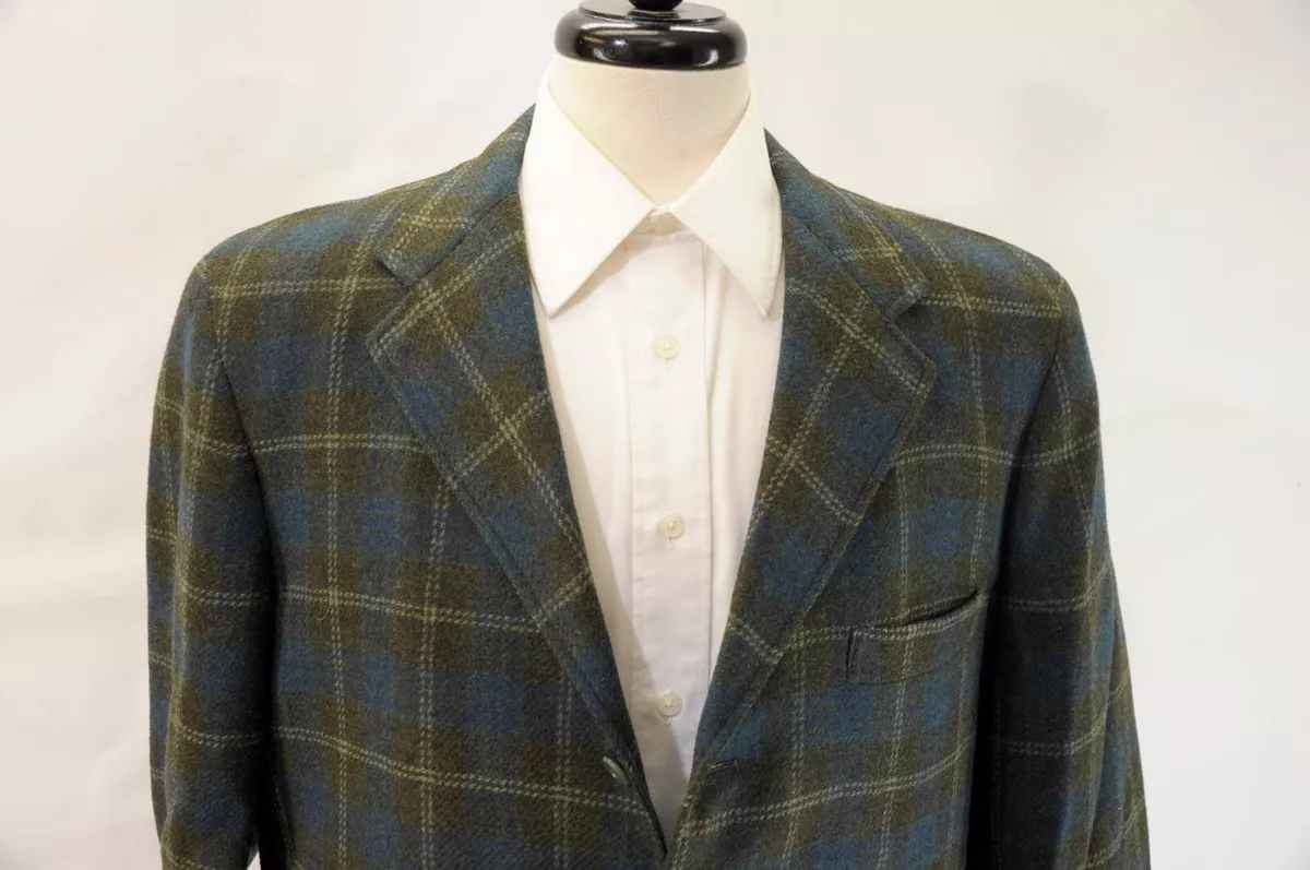 Vintage TRAD Ivy Green Blue Plaid Wool Tweed 3 2 Roll Hook Vent Blazer 1 4 44R