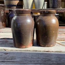2 Earthenware Crock Jars Brown Primitive Antiques Pair