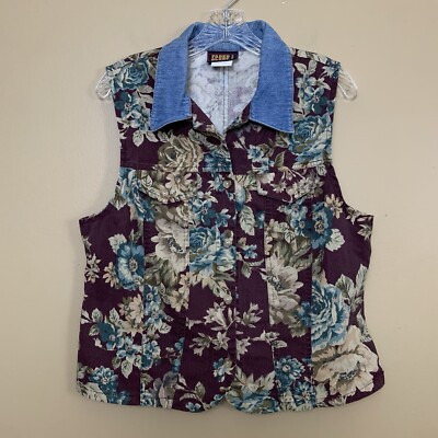 Vintage Faded Glory Womens Large Burgundy Floral Denim Button Up 90s Tank Top