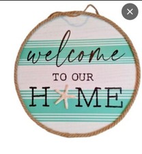 "Welcome to Our Home" Modern Coastal Wall Plaque Sign Decor Starfish Jute Teal
