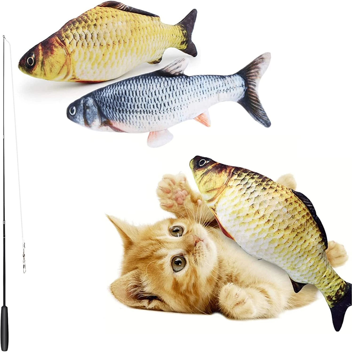 2 Pack Cat Toy Flopping Moving Plush Electric Fish & Fishing Rod Wand Kitten Set