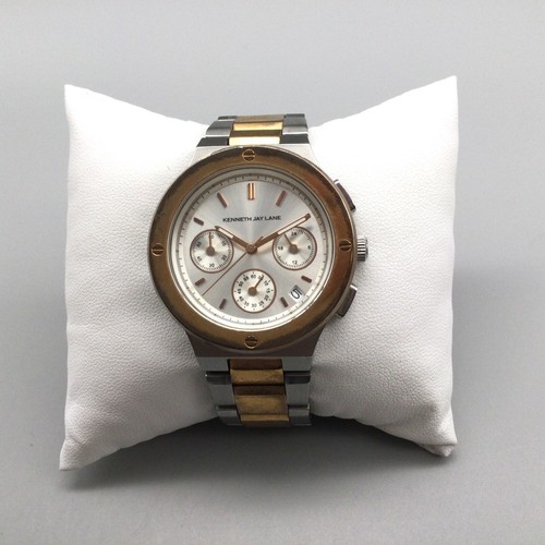 Kenneth Jay Lane Chronograph Watch Men 37mm Silver Gold Tone New Battery 6.25" - Picture 2 of 12