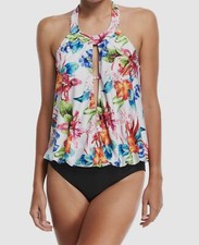 60 Athena Women's White Floral Colorblock High-Neck One-Piece Swimsuit Size 10