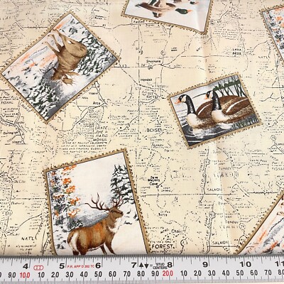 Vintage Robert Kaufman Hunting Wildlife Map Cotton Fabric by the HALF YARD