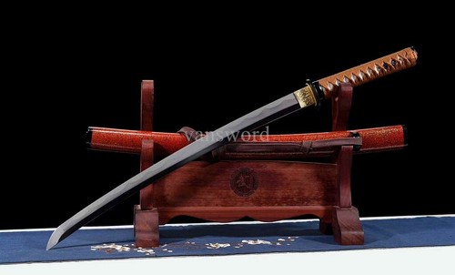 Handmade Japanese Wakizashi T8 Steel Clay Tempered Abrasive Sword Full Tang Red. - Picture 9 of 10