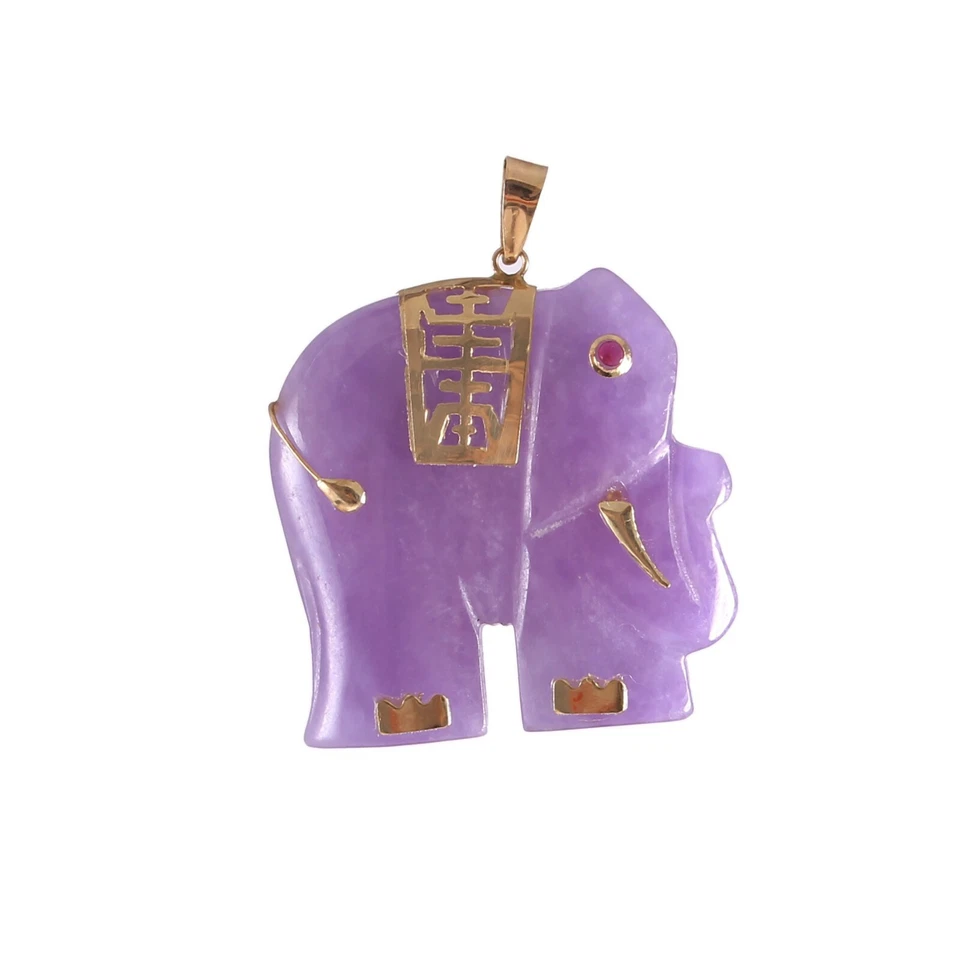 14k Solid Gold Schmuck Natürlich Lila Jade Hand Geschnitzt Elefant Anhänger - Bild 3 von 4