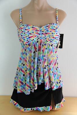 NWT Profile Swimsuit Tankini Bikini 2pc set Sz 10 12 Multi  Black Bandeau twist