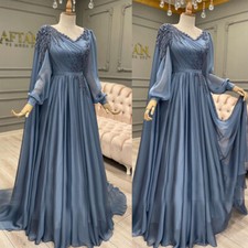 Dusty Blue Wedding Dresses Long Sleeve Muslim Chiffon Beaded A Line Bridal Gowns