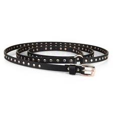 Lady Thin Belt Faux Leather Black Punk Gothic Rivet Adjustable Waistband Classic