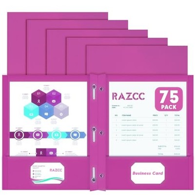 Two Pocket Folders,  75 Pack Two Pocket Folders with Prongs, 3 Rose Purple