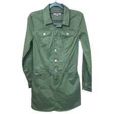 Tommy Hilfiger Green Denim Button Down Dress Size XS Long Sleeve Pockets Utility