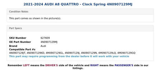 AUDI A8 QUATTRO 2021-2024 - Reloj Muelle 4N0907129MJ - Imagen 4 de 5