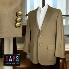 DAKS USA Made Blazer Jacket Mens 40R Beige Solid Wool Brass Metal Buttons