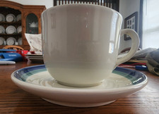 Northwinds Soup Mug & Saucer Pfaltzgraff Stoneware backstamp White Green Blue!