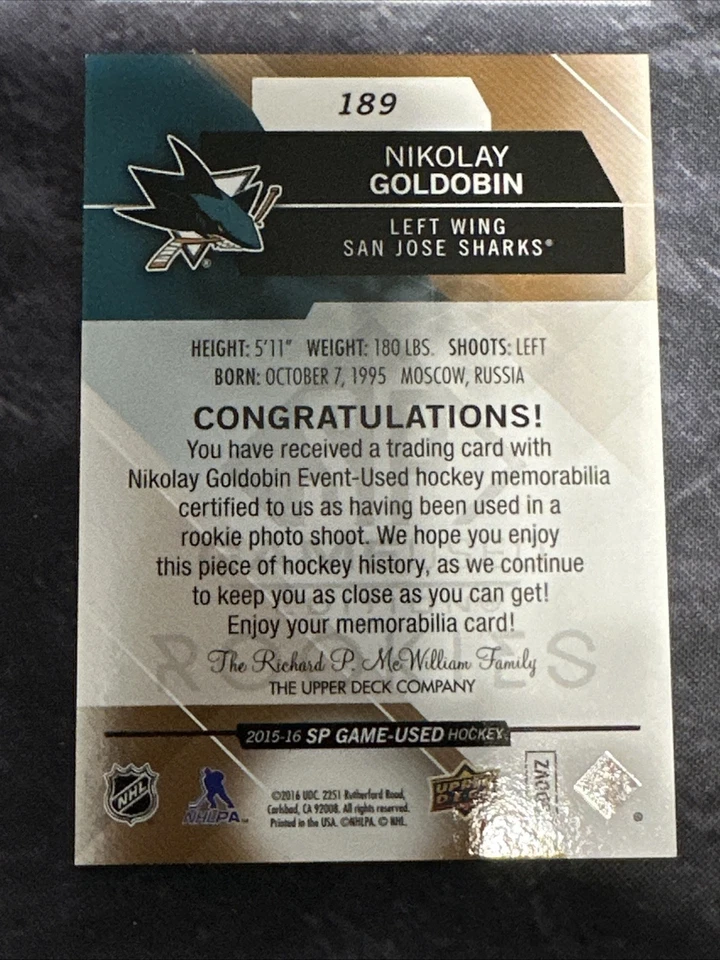 2015-16 SP Game Used Authentic Rookies Copper Jersey 189 Nikolay Goldobin Sharks - Image 3 of 3