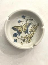 MCM Ashtray White Butterfly Blue Floral Round Vintage Small Ceramic