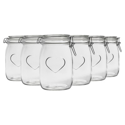 6x Klar Seal 1 Litre Herz Glas Vorratsgläser mit Luftdicht Deckel Küche Essen