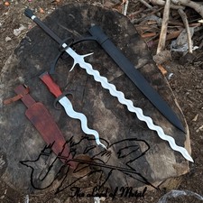 Combo Of Flamberge Sword & Knife High Carbon Steel Blade With Leather Sheath