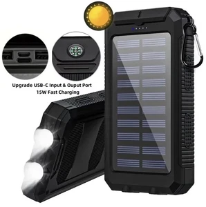 Solar Power Bank 20000mAh Waterproof Portable Charger Dual USB LED Light BLACK