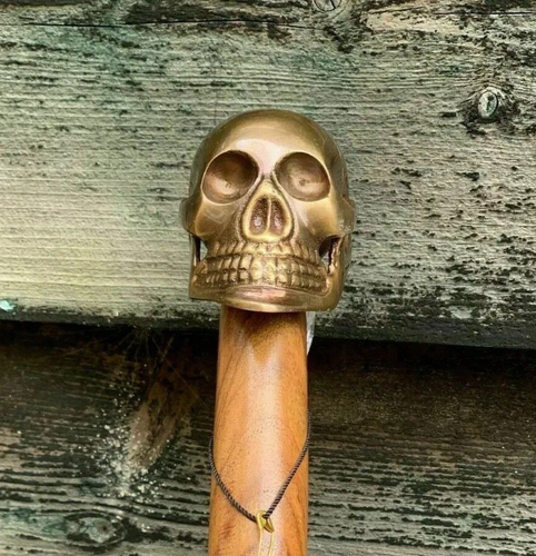 Antique Style Brass Skull Head Handle Designer Wooden Walking Stick Shaft Canes - Picture 4 of 5