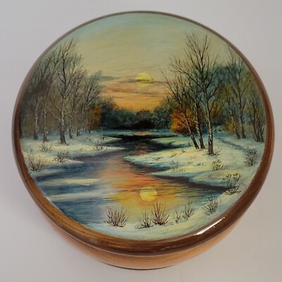Winter Scene Artisan Made Wood Trinket Box Snowy River With Full Moon 