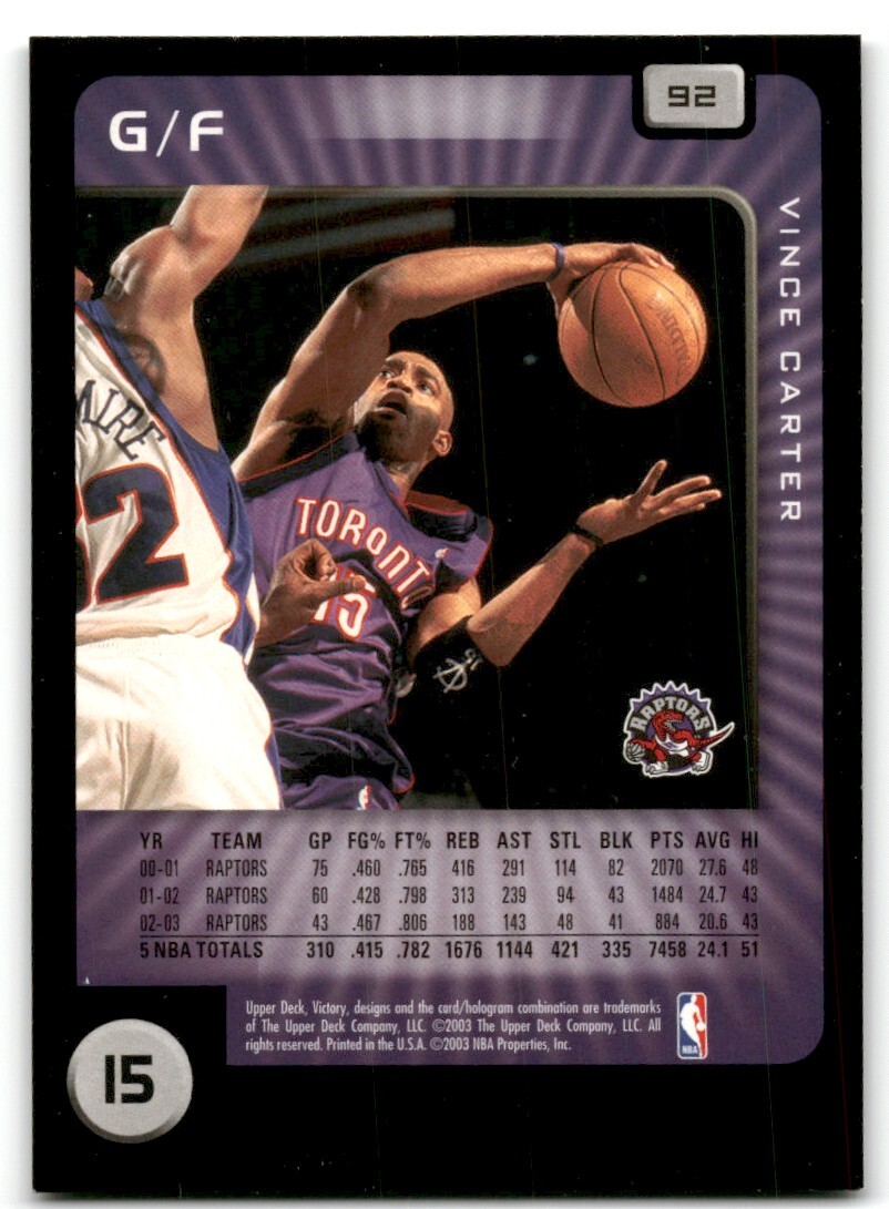 2003-04 Upper Deck Victory Basketball Card Vince Carter #92