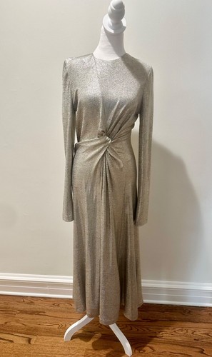 GALVAN London Silver Metallic Pin-Wheel Jersey Knit Midi Dress Gown 8US 12UK 40F