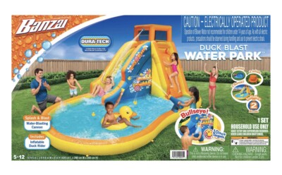 Banzai Inflatable Bouncer Slide Duck Blast Water Park with Blower and Pool Float
