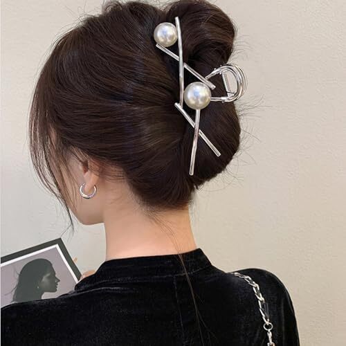 Silver Hair Clips Metal Claw Clips for Women Banana Clip Pearl Hair F - Picture 4 of 7