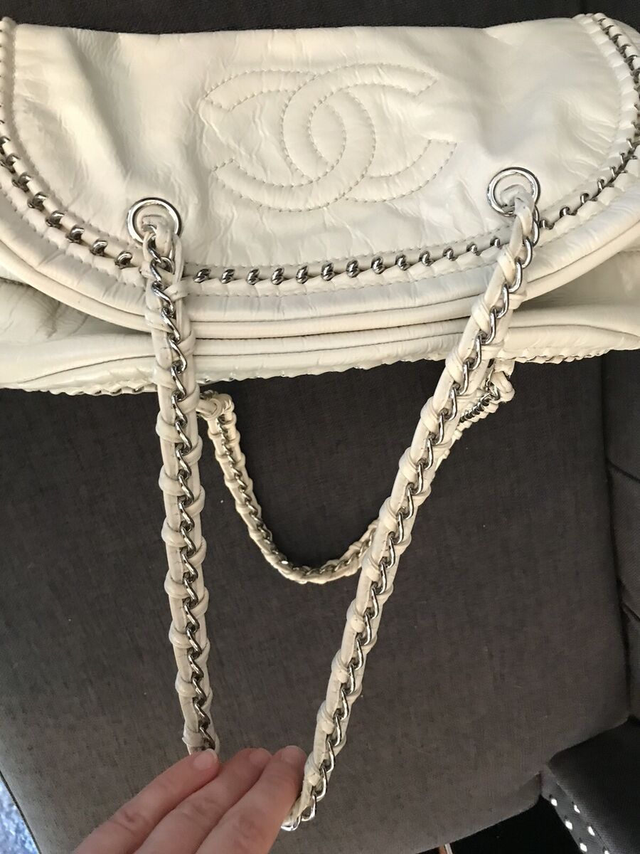 Chanel White Leather Luxe Ligne Medium Bowler Bag - Yoogi's Closet