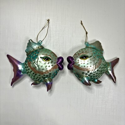 Mark Roberts Blown Glass Puffer Fish Christmas Ornament Kissing Holiday Novelty