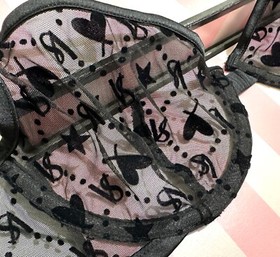 Victoria's Secret Mesh Hearts Lace Logo Unlined Bra Thong Set Black