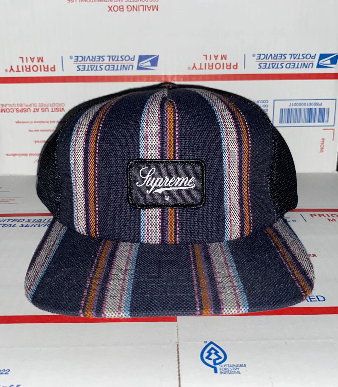 VINTAGE rare échantillon Supreme New York 5 panneaux snapback chapeau couverture indigène mexicain
