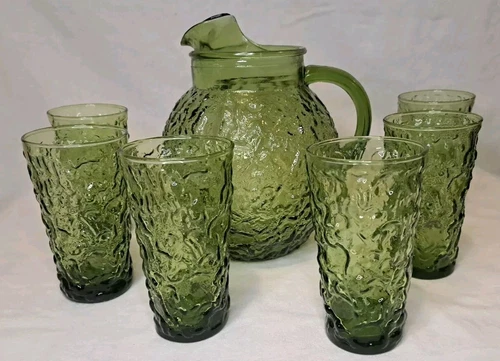 Vintage Anchor Hocking Lido Milano Green Pitcher & 6 Glass Tumblers 10oz Crinkle