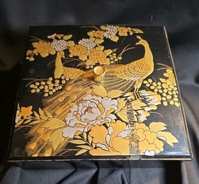 Otagiri Japan Black Lacquer Jewelry Box With Removable Inner Tray Peacock Design