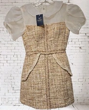 Tweed Dress Women's SMALL Ruby Company Sheer White Tan Gold Tweed Plaid Lined