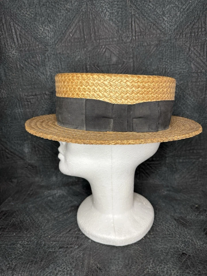 Chapéu barco vintage 1920s marrom fita palha iate náutico Gatsby Finchley May Co NY - Imagem 2 de 4