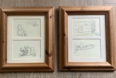 2 x Kiefer gerahmt 13  x 11  Winnie Puuh Skizzen (4 Skizzen) E H Shepard sehr guter Zustand