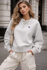 Champion Reverse Weave Henley Sweatshirt Women  s Medium Gray Logo Pullover NEW