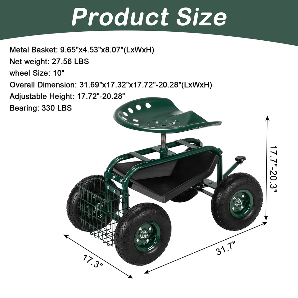 Garden Seat with Wheels Swivel Rolling Cart Garden Work Seat with Storage Basket - Image 4 of 4