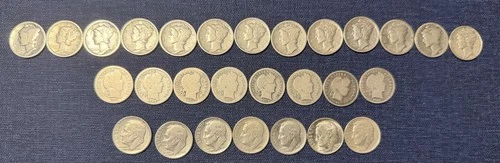 Lot of 28 — Silver Dimes 90% Silver | 13 Mercury, 8 Barber & 7 Roosevelt