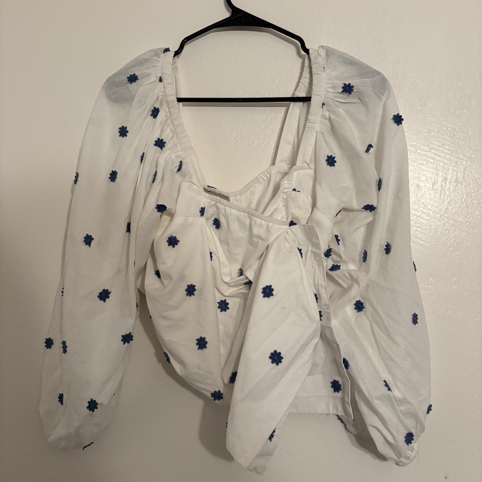 Farm Rio White Blue Floral Embroidered Cropped Blouse Balloon Sleeve XL